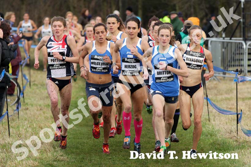 Fionnuala Britton leads the senior womens BUPA Great Edinburgh Cross country.